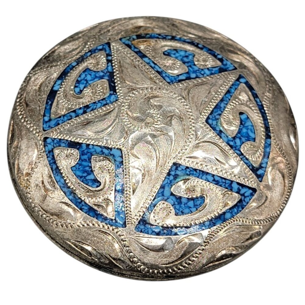 Faux Turquoise Etched Silver Plated Star Pendant Large Vintage Western Style